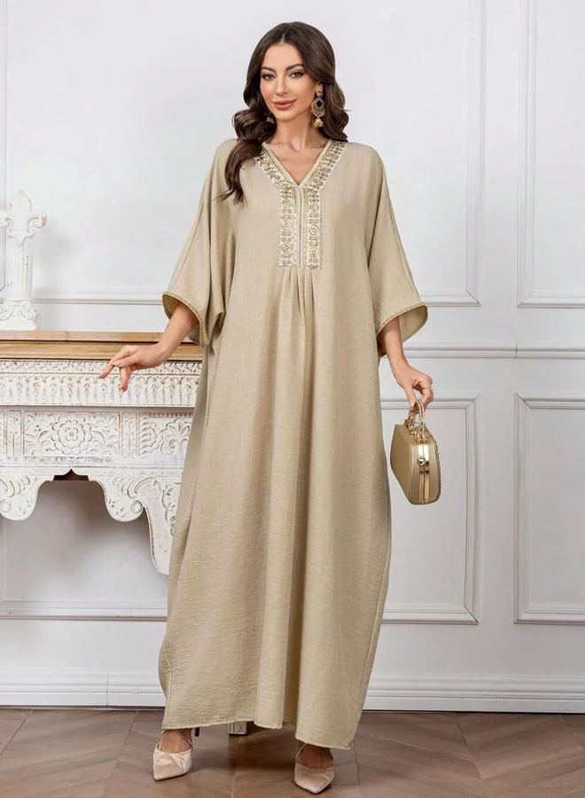 Take Two Women Beige Embroidered Batwing Sleeve Jalabiya